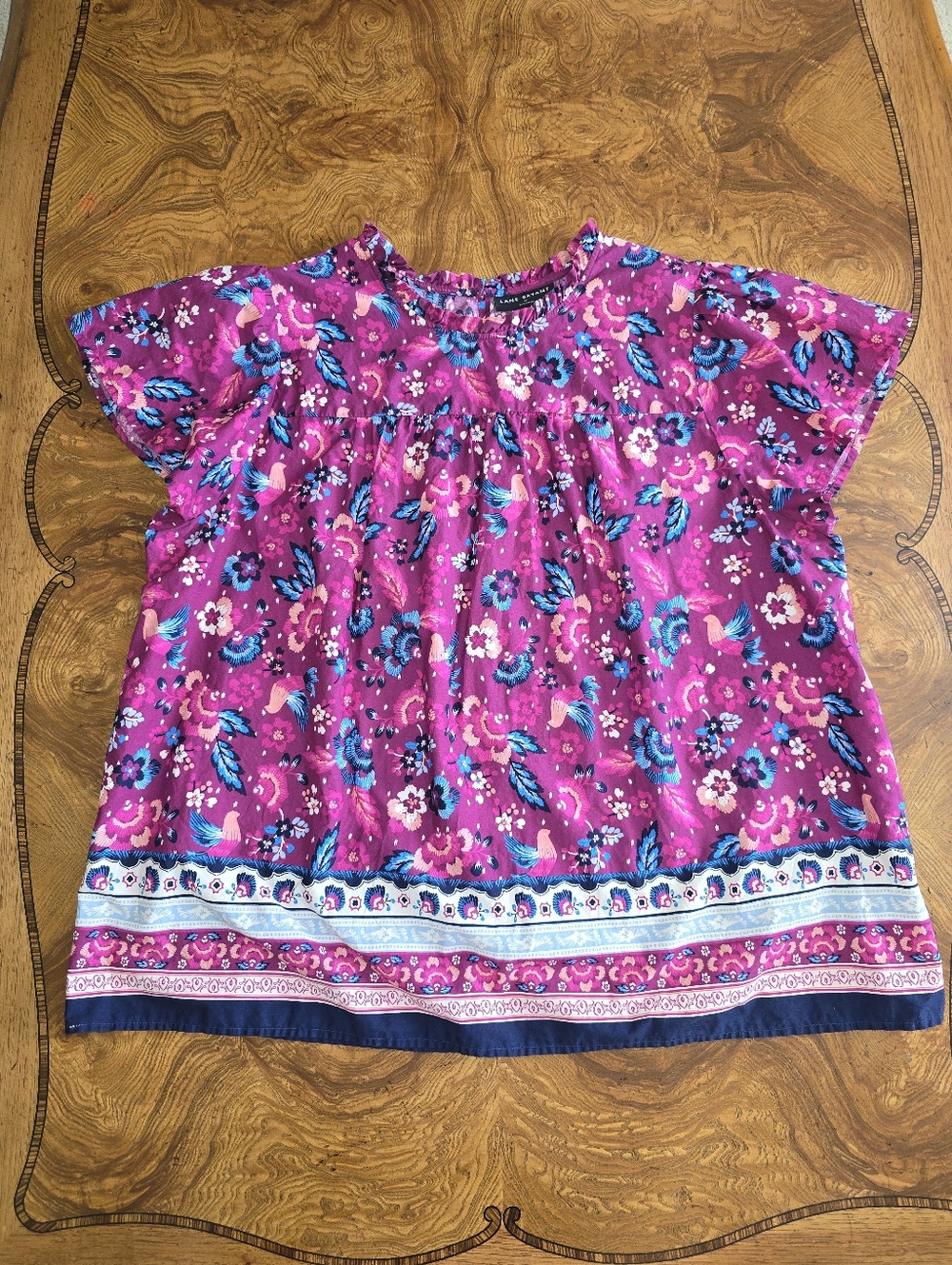 Lane Bryant Women's Plus Size 20 Purple Floral Bird Print Cotton Blouse